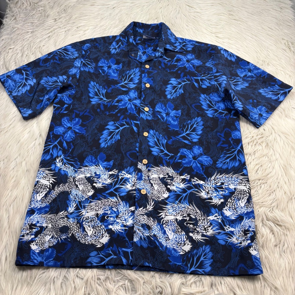 Vintage Y2K Sideout Men's S Blue Hibiscus Dragon Button Front Shirt Street Urban